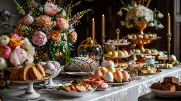 A lavish easter brunch buffet at a high-end hotel, showcasing gourmet dishes, pastries, and chocolate eggs. the table is adorned with vibrant flowers, candles, and gold accents, creating an elegant and festive atmosphere.