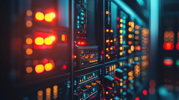 Close-up view of a server panel in a data center, showcasing flashing lights and controls. the image highlights the intricacy of hardware components and technology operations, with vibrant lighting creating a high-tech ambience.