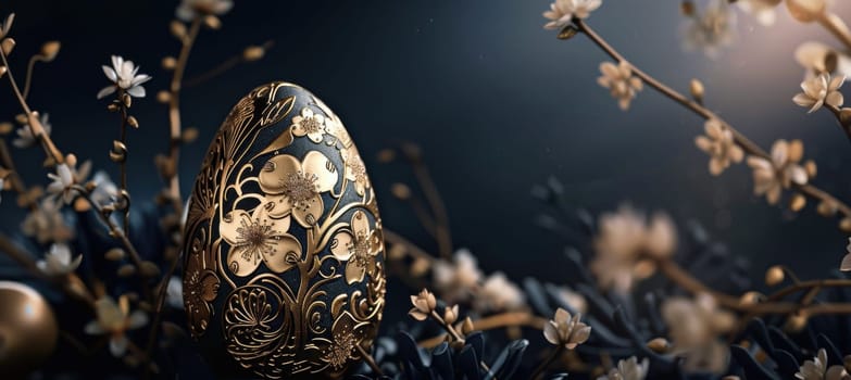 Luxurious easter card design featuring a golden egg adorned with intricate floral patterns. set against a deep navy background, the soft, warm illumination highlights the elegance and high-end aesthetic, perfect for sophisticated holiday designs.