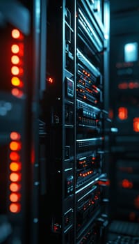 A close-up view of a server unit in a data center, the vibrant led lights and intricate hardware details. the dark background accentuates the glowing lights, showcasing modern technology and digital infrastructure.