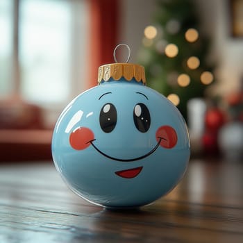 Cartoon Christmas tree toy blue ball with a smiling face. Selective focus.