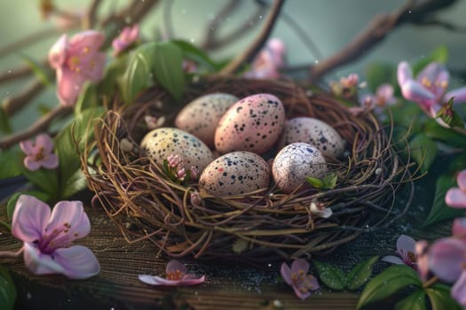 A photorealistic close-up of a delicate bird's nest filled with speckled easter eggs in soft pastel hues. the nest rests on a wooden surface adorned with scattered flowers and leaves, enhancing the vibrant yet tranquil spring atmosphere.