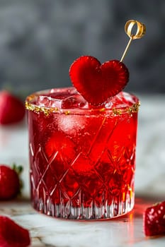 A charming Valentine's Day cocktail with bright red shades, decorated with a slice of strawberry in the shape of a heart.