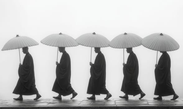 A monochrome painting of monks with umbrellas walking down the street. Selective focus.