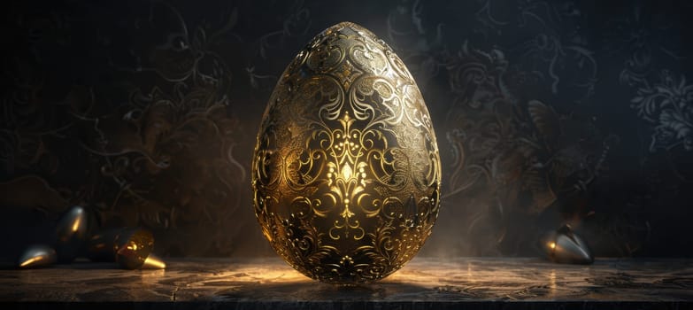 A sophisticated easter card design featuring a prominently placed golden egg adorned with intricate floral patterns. the elegant, dark background enhances the egg's radiance, with subtle soft lighting adding to the luxurious feel.