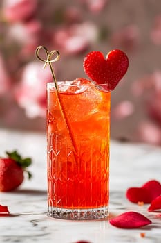A charming Valentine's Day cocktail with bright red shades, decorated with a slice of strawberry in the shape of a heart.