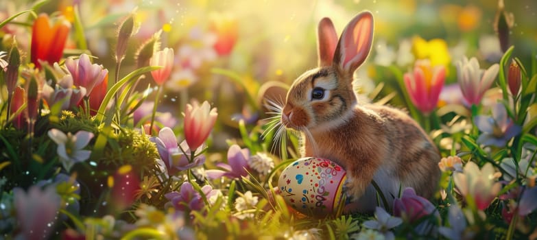 A photorealistic scene featuring an adorable bunny holding a vibrantly decorated easter egg, surrounded by blooming spring flowers. the sunlit garden setting highlights the vivid colors and intricate details, ideal for holiday-themed designs.