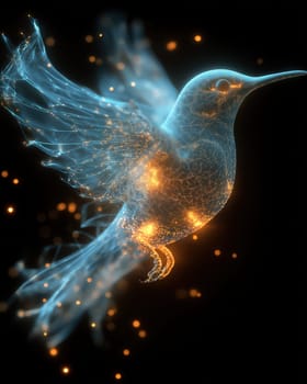 Mystical glowing bird on a black background. Selective focus.