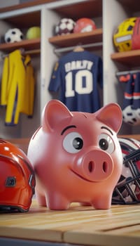 Football piggy bank on a locker room bench, surrounded by sports gear, jerseys, and helmets, embodies saving for sports activities and equipment. ideal for themes of sports finance and athletic decoration.