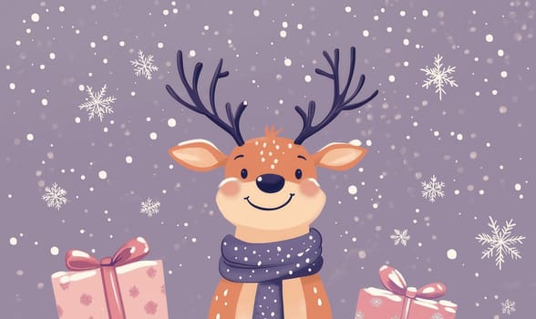 Christmas card with cartoon reindeer on lilac background. Selective focus.