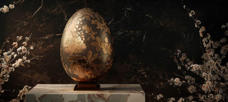 Luxurious easter card design featuring a golden egg adorned with intricate floral engravings on a marble pedestal. the dark background with gold accents enhances the sophistication, making it perfect for high-end seasonal greetings.