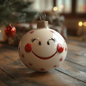Cartoon Christmas tree toy white ball with a smiling face. Selective focus.