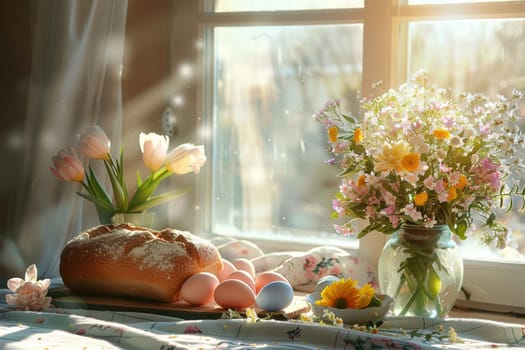 Sunlight streams into a cozy room, illuminating a table set for an easter brunch. a mix of pastel-colored eggs, a freshly baked loaf of bread, and a vibrant arrangement of spring flowers create a festive and inviting atmosphere.