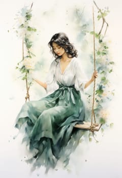 Watercolor, woman in a dress on a swing on a delicate background. Selective focus.