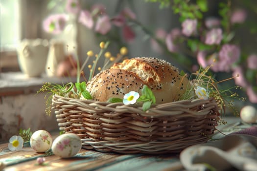 A photorealistic scene featuring a woven basket filled with speckled pastel-colored eggs, vibrant spring flowers, and a loaf of traditional easter bread. the rustic wooden table and natural light create a cozy, festive atmosphere.