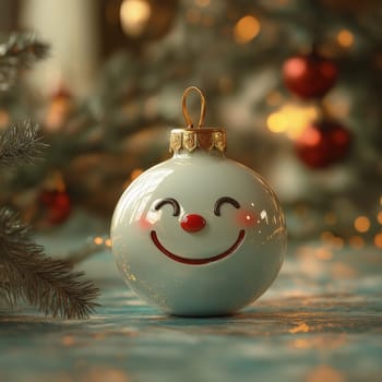 Cartoon Christmas tree toy white ball with a smiling face. Selective focus.