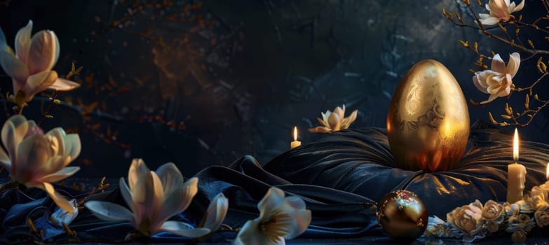 A luxurious easter scene featuring a golden egg resting on a velvet cushion, surrounded by elegant flowers and soft candlelight. the rich, dark background emphasizes the egg, creating a sophisticated and festive atmosphere perfect for holiday themes.
