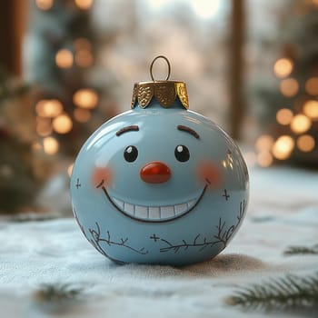 Cartoon Christmas tree toy blue ball with a smiling face. Selective focus.