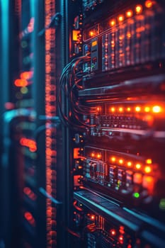 Close-up of a server rack in a data center, the dynamic led lights and complex wiring. showcases the advanced technology and efficiency of modern it infrastructure, ideal for illustrating data solutions and network security.