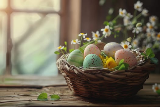 Wicker basket filled with pastel-colored easter eggs, fresh flowers, and green leaves on a rustic wooden table. soft natural light from a nearby window enhances the warm, festive atmosphere, perfect for easter celebrations or spring decor.