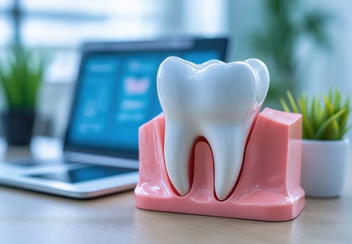 A dentist works with a tooth model, entering data onto a tablet. Selective focus.