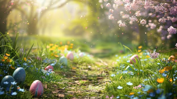 Tranquil garden scene with a path lined by colorful easter eggs hidden among lush flowers. soft morning sunlight enhances the serene atmosphere, perfect for spring and easter-themed designs or festive celebrations.