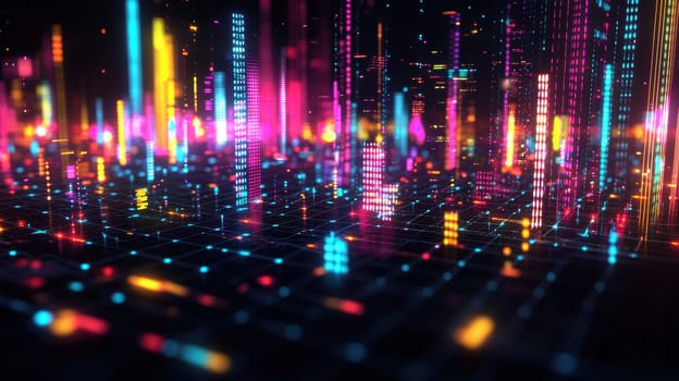 High-tech 3d scatter plot visualizing the connection between innovation and economic growth worldwide, featuring vibrant data points on a dark background. ideal for presentations, data analysis, and economic studies.