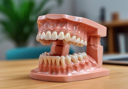 A dentist works with specimen teeth, recording data on a tablet. Selective focus.