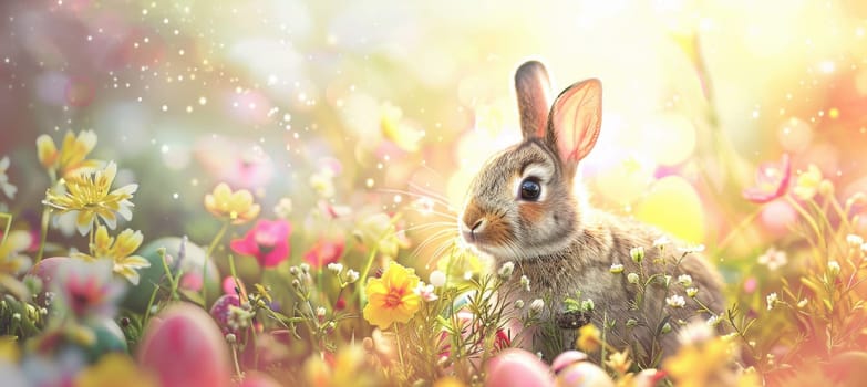 A delightful scene of a small bunny nestled amidst colorful meadow flowers and easter eggs. the bright, sunlit atmosphere evokes a cheerful, springtime mood, perfect for holiday cards or festive decorations.