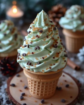 Ice cream in the shape of a Christmas tree in a waffle cone. Selective focus.