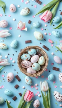 Pastel-colored eggs, fresh tulips, and a wicker basket filled with chocolates arranged creatively on a light background. the composition allows for ample text or branding space, making it ideal for easter-themed projects or promotional designs.