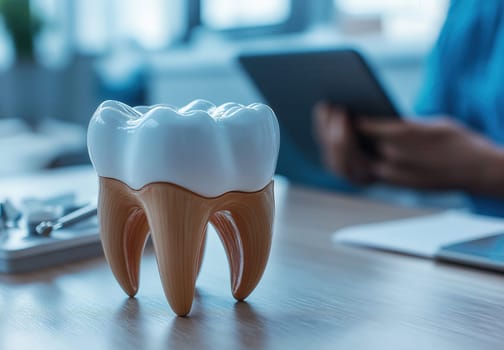 A dentist works with a tooth model, entering data onto a tablet. Selective focus.
