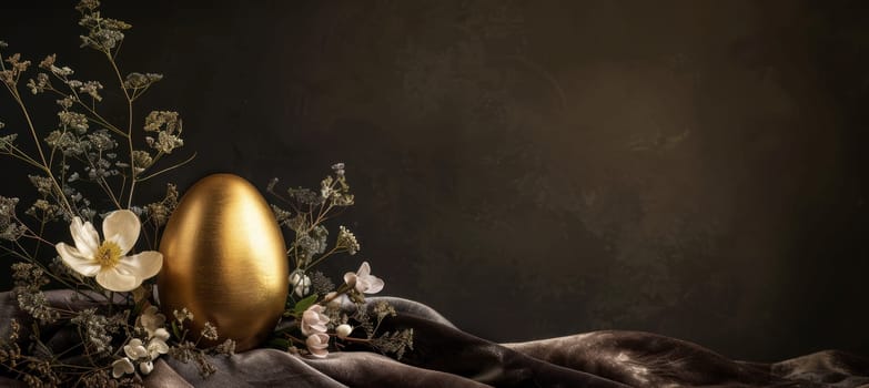 Luxurious easter banner with a golden egg on a velvet cushion, surrounded by elegant floral arrangements and soft lighting. the contrasting dark background enhances the opulence, making it ideal for holiday decor, cards, or posters.