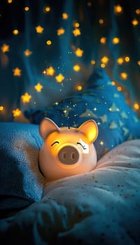 A serene scene featuring a piggy bank resting on a soft pillow against a backdrop of a starry night sky. the image symbolizes peaceful and secure financial dreams, blending elements of tranquility, security, and dreamlike aspirations.