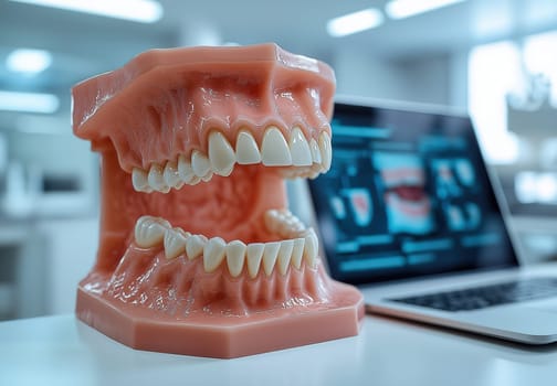 A dentist works with specimen teeth, recording data on a tablet. Selective focus.