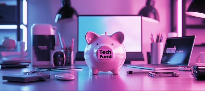 Piggy bank labeled "tech fund" on a minimalist desk featuring sleek gadgets and a laptop. the scene symbolizes saving for the latest technology amidst a futuristic, tech-centric environment with neon lighting.