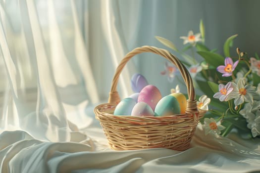 Wicker basket filled with pastel-colored easter eggs placed on a white tablecloth, beside a bouquet of spring flowers. the scene is softly illuminated, the vibrant colors and inviting ambiance suitable for holiday decoration.