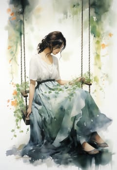 Watercolor, woman in a dress on a swing on a delicate background. Selective focus.