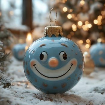 Cartoon Christmas tree toy blue ball with a smiling face. Selective focus.