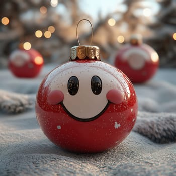 Cartoon Christmas tree toy red ball with a smiling face. Selective focus.