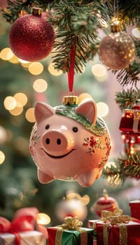 Symbolizing financial planning for the holiday season, the piggy bank ornament hangs from a christmas tree adorned with sparkling decorations and colorful wrapped presents, capturing the spirit of festive budgeting and gift preparation.