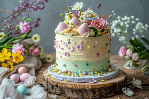 Pastel-hued easter cake adorned with chocolate eggs and edible flowers, set on a rustic wooden table. bright spring flowers surround the cake, adding a vibrant touch to the festive display, perfect for celebratory occasions.