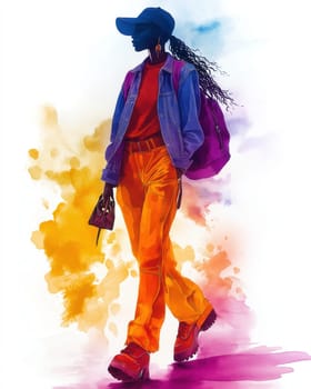 Watercolor illustration of a young woman in elegant clothing. Selective focus.