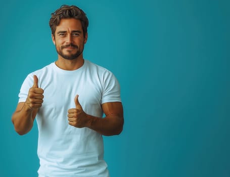 Young man showing thumb up on blue background. Selective focus.