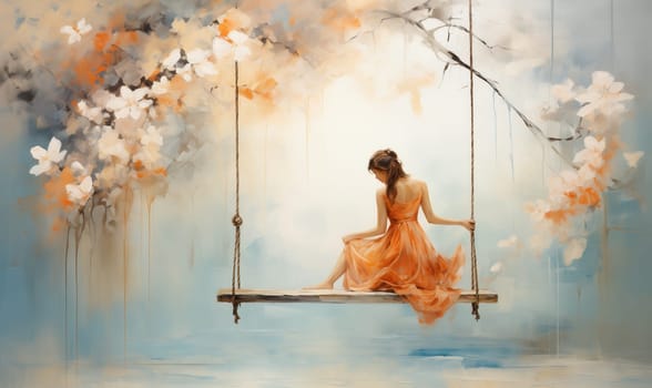 Watercolor, woman in a dress on a swing on a delicate background. Selective focus.