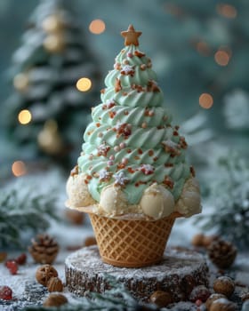 Ice cream in the shape of a Christmas tree in a waffle cone. Selective focus.