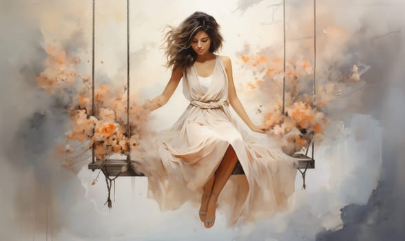Watercolor, woman in a dress on a swing on a delicate background. Selective focus.
