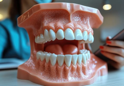 A dentist works with specimen teeth, recording data on a tablet. Selective focus.