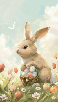 Charming hand-drawn illustration of a bunny holding a basket of colorful easter eggs, set amid tulips and daisies. a pastel-hued sky with soft clouds and fluttering butterflies enhances the tranquil, festive vibe, perfect for seasonal design.