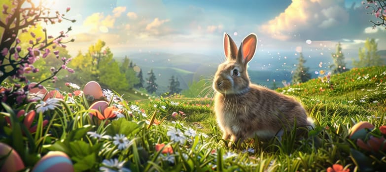 A photorealistic easter scene showcases a bunny amidst a lush green field, surrounded by colorful easter eggs, blooming flowers, and a bright sky. perfect for festive designs or seasonal themes celebrating spring and renewal.